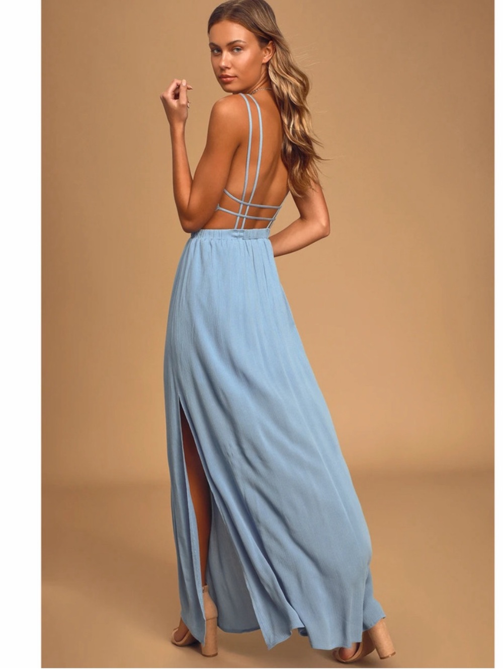 Lulus Maxi Dress Medium Light Blue Backless Flowy A-Line Lost in Paradise
